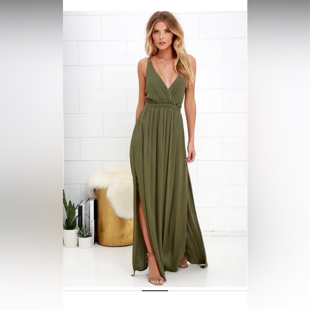Lulu’s Lost in Paradise olive green maxi dress